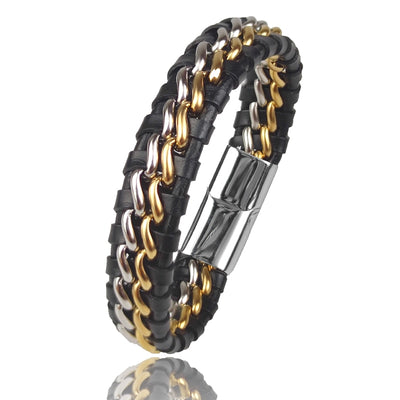 Genuine Leather Chain Bracelet for Men Magnetic Stainless Steel Clasp in Plated Gold Exclusive Jewellery Gift Wholesale Dropping