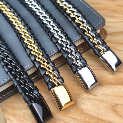 Genuine Leather Chain Bracelet for Men Magnetic Stainless Steel Clasp in Plated Gold Exclusive Jewellery Gift Wholesale Dropping