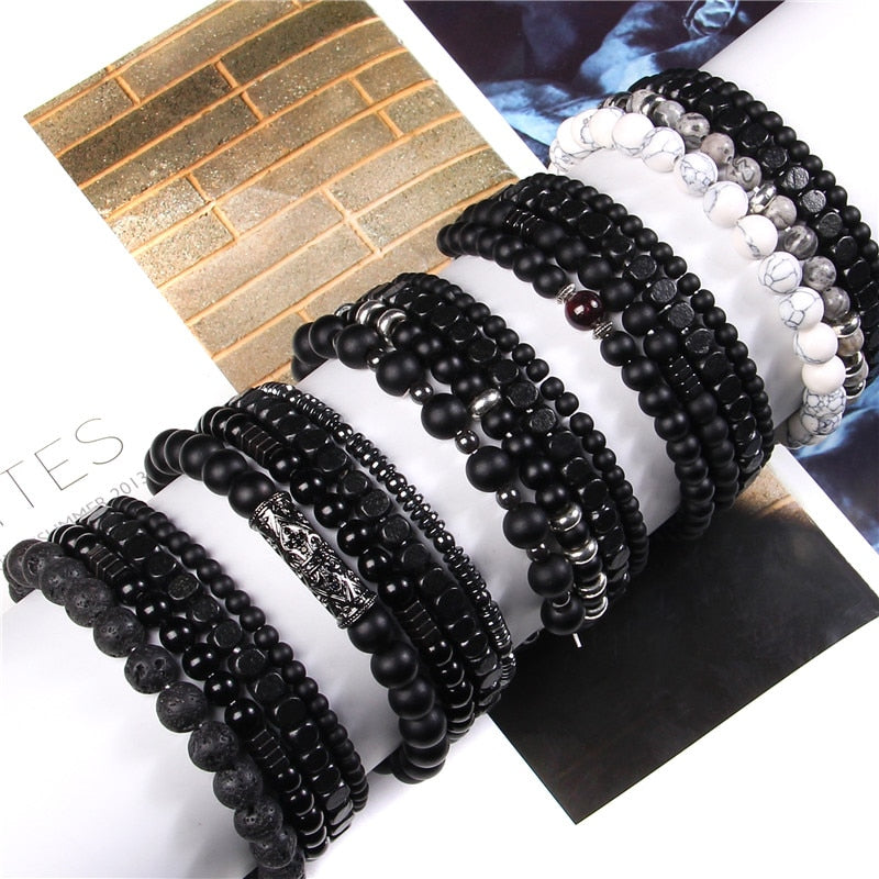 Fashion Natural Stone Beads Men Bracelet Multilayer Black Lava Onyx Beads Charm Punk Bracelet Bangles Women Jewelry Couples Gift