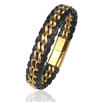 Genuine Leather Chain Bracelet for Men Magnetic Stainless Steel Clasp in Plated Gold Exclusive Jewellery Gift Wholesale Dropping