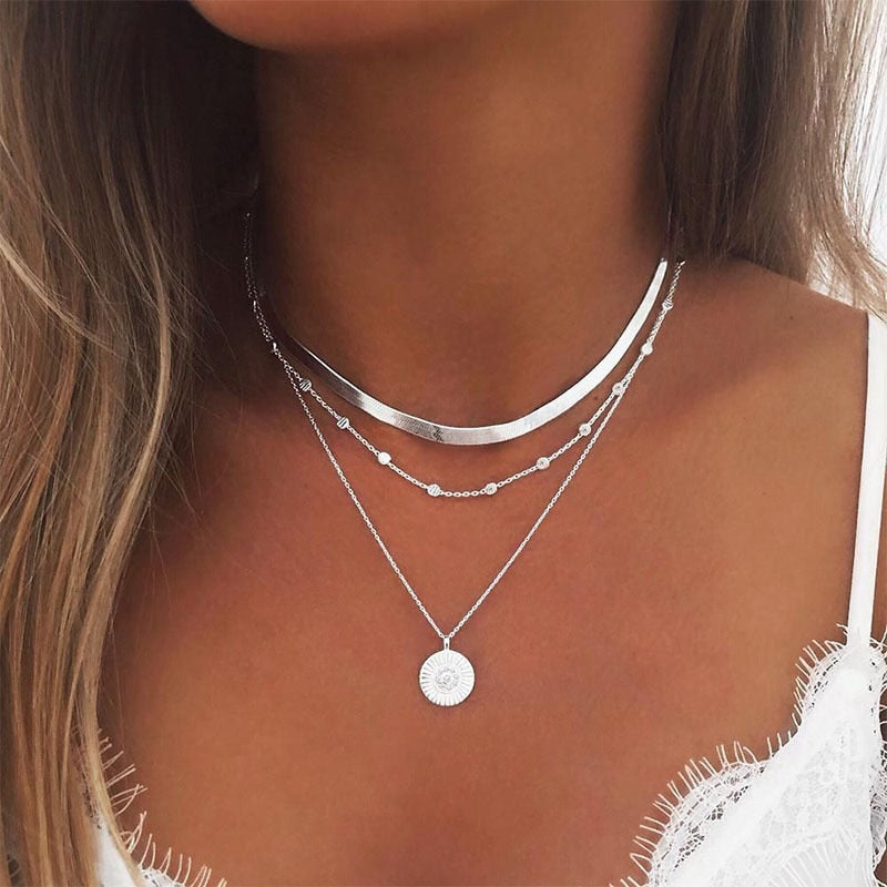 925 Sterling Silver Three-Layer Round Necklace Simple Snake Chain Charm Ball Chain Party Gift For Women