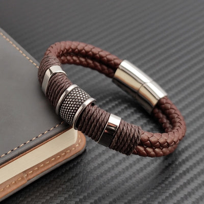 Luxury Vintage Multilayer Brown Genuine Leather Men Bracelet Stone Bead Bracelet Stainless Steel Jewelry Male Wrist Bangle Gift