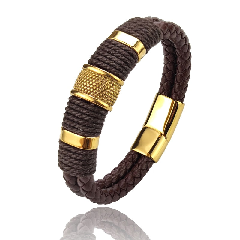 Luxury Vintage Multilayer Brown Genuine Leather Men Bracelet Stone Bead Bracelet Stainless Steel Jewelry Male Wrist Bangle Gift