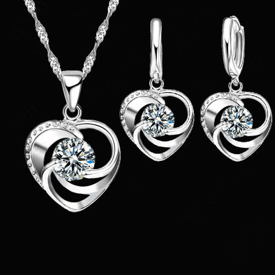 Sterling Silver Necklace Earrings Set Long Chain heart shape