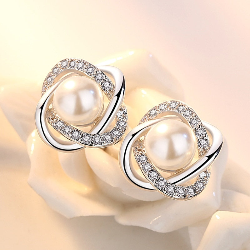 Sterling Silver Earrings Zircon Pearl Twist Luxury Stud Earrings For Women