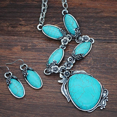 New Turquoise Bracelet Jewelry Set Vintage Silver Plated Necklace Bracelet Earring Ring Jewelry Sets Women