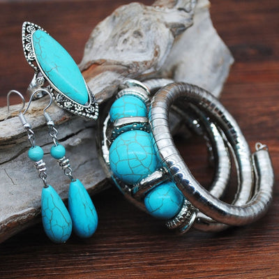 New Turquoise Bracelet Jewelry Set Vintage Silver Plated Necklace Bracelet Earring Ring Jewelry Sets Women