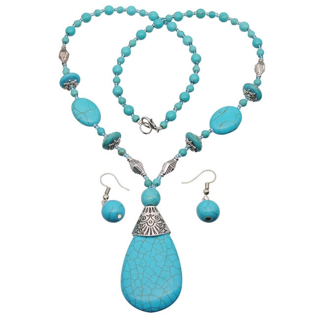 New Turquoise Bracelet Jewelry Set Vintage Silver Plated Necklace Bracelet Earring Ring Jewelry Sets Women