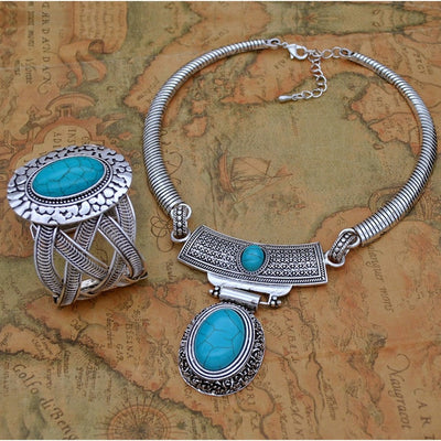 New Turquoise Bracelet Jewelry Set Vintage Silver Plated Necklace Bracelet Earring Ring Jewelry Sets Women