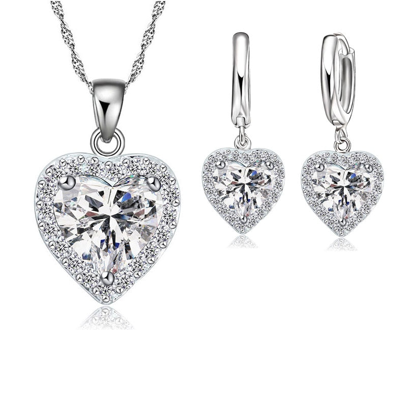 Fine 925 Sterling Silver Jewelry Set For Women Bridal Wedding Heart Austrian Crystal Necklaces Earrings Set Valentine Day