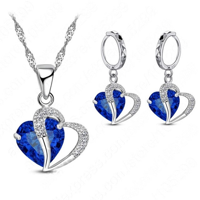 Luxury Women 925 Sterling Silver Cubic Zircon Necklace Pendant Earrings Sets Cartilage Piercing Jewelry Wedding Heart Design