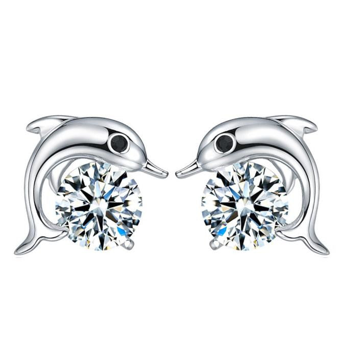 Lovely Crystal Eye Dolphin CZ Stud Earrings Women Sterling Silver Jewelry