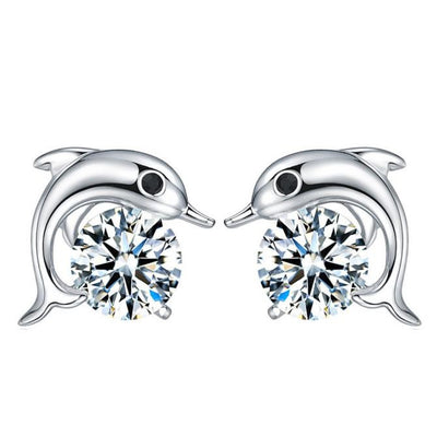 Lovely Crystal Eye Dolphin CZ Stud Earrings Women Sterling Silver Jewelry